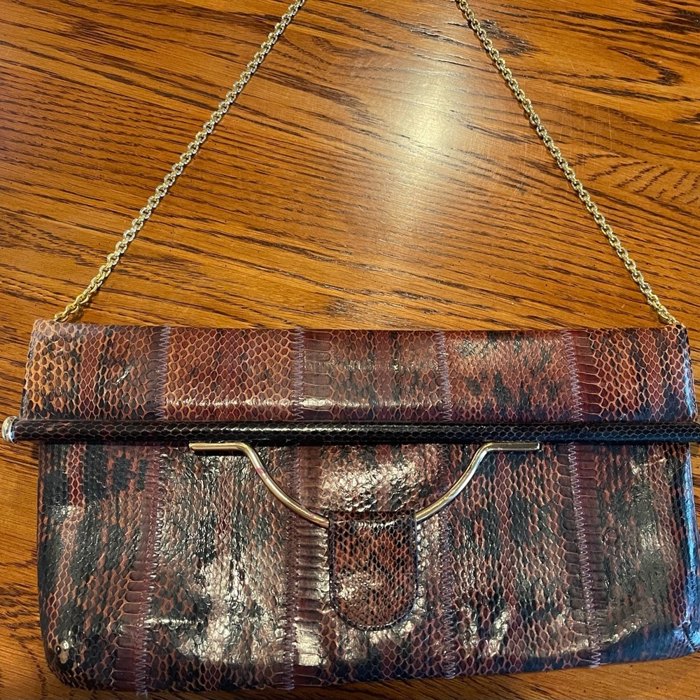 Brown Snake Print Clutch Bag